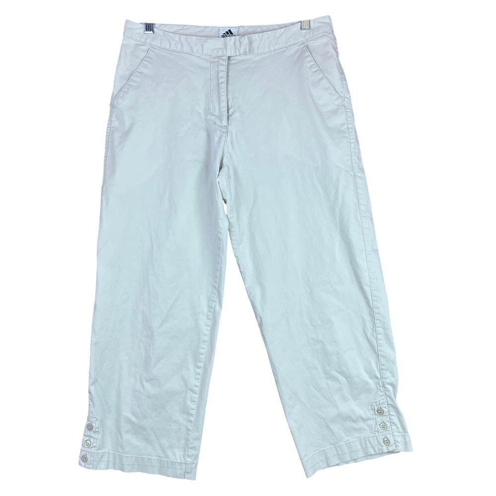 Adidas Womens Pants Beige Mid Rise Button Hem Accent Capri Stretch 10
